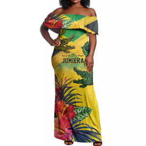 Personalized Black Jamaicans Crocodile Off Shoulder Maxi Dress Tropical Flowers Grunge Flag - African Pride