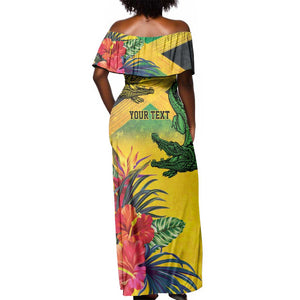 Personalized Black Jamaicans Crocodile Off Shoulder Maxi Dress Tropical Flowers Grunge Flag - African Pride