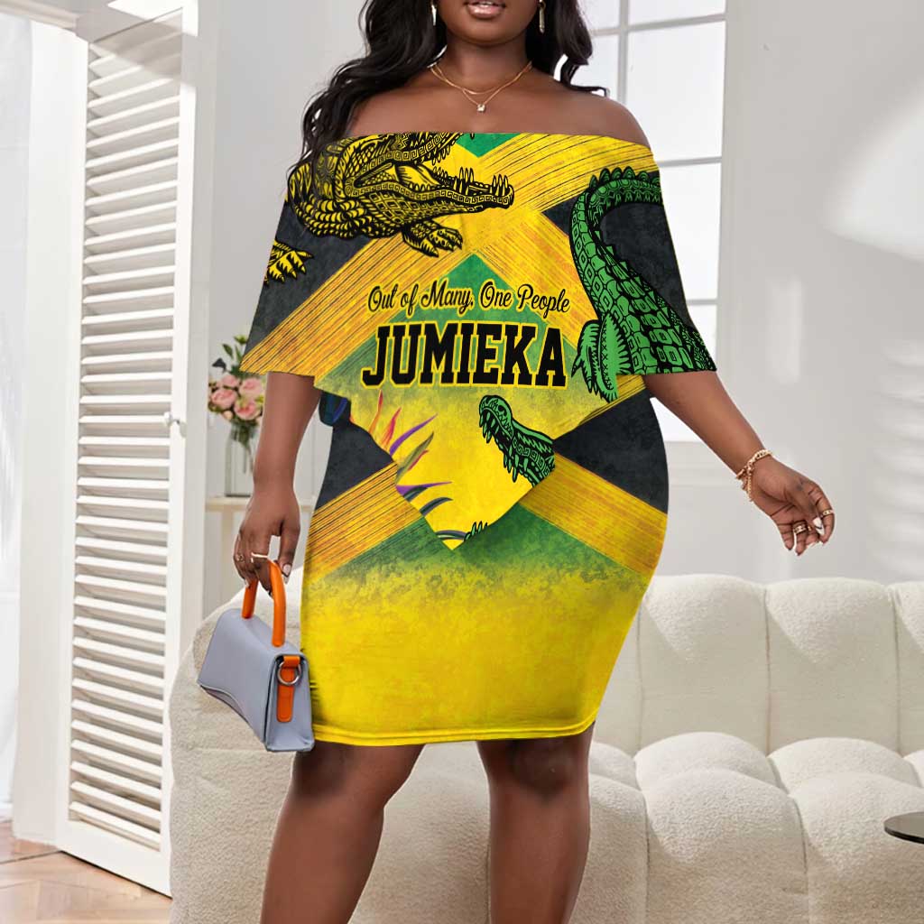 Personalized Black Jamaicans Crocodile Off Shoulder Short Dress Tropical Flowers Grunge Flag - African Pride