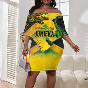 Personalized Black Jamaicans Crocodile Off Shoulder Short Dress Tropical Flowers Grunge Flag - African Pride