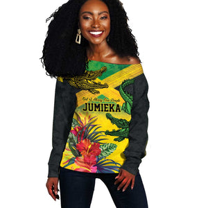 Personalized Black Jamaicans Crocodile Off Shoulder Sweater Tropical Flowers Grunge Flag - African Pride
