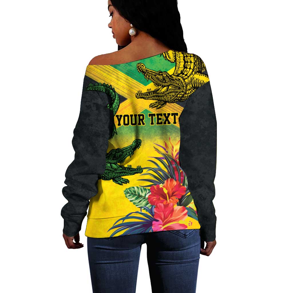 Personalized Black Jamaicans Crocodile Off Shoulder Sweater Tropical Flowers Grunge Flag - African Pride