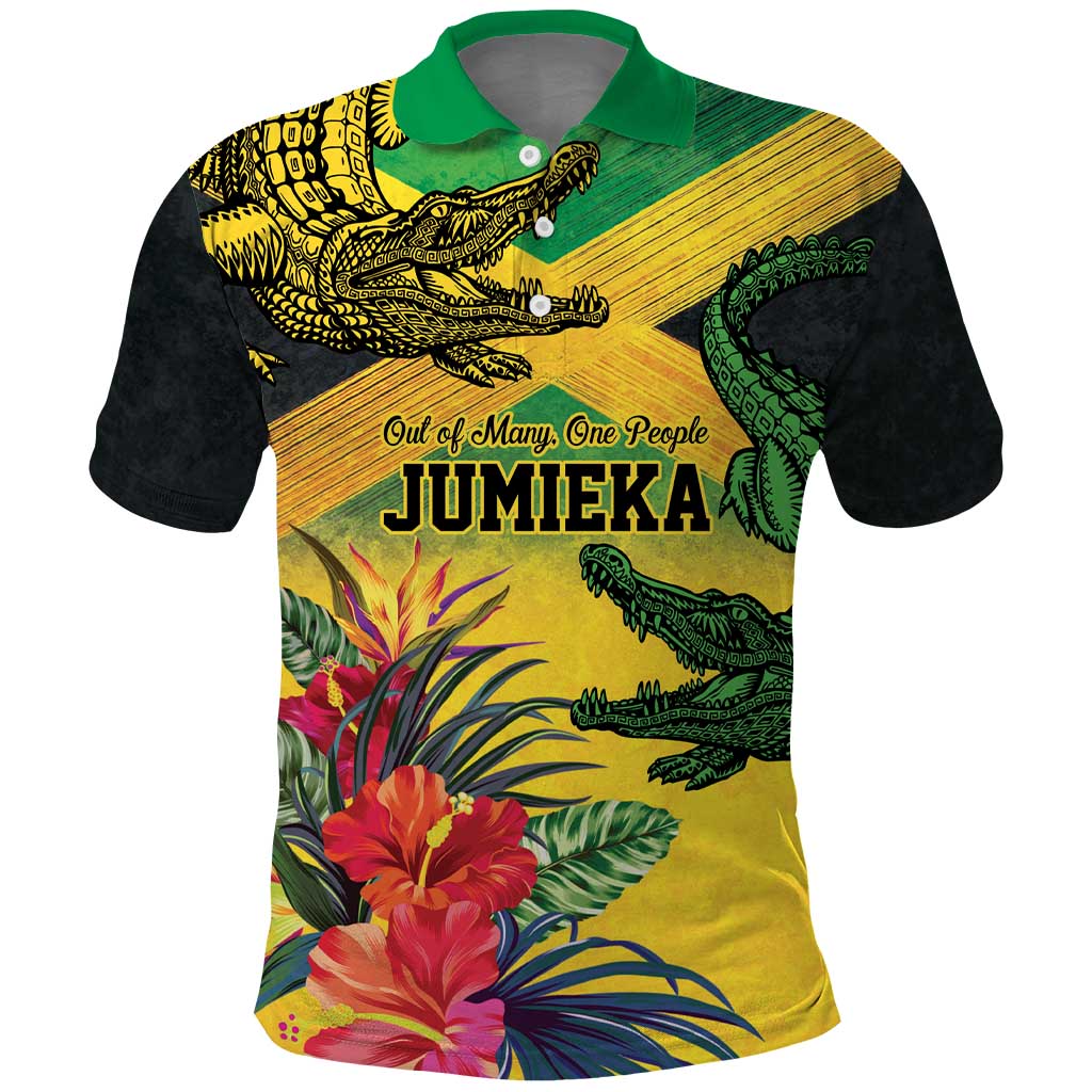 Personalized Black Jamaicans Crocodile Polo Shirt Tropical Flowers Grunge Flag - African Pride