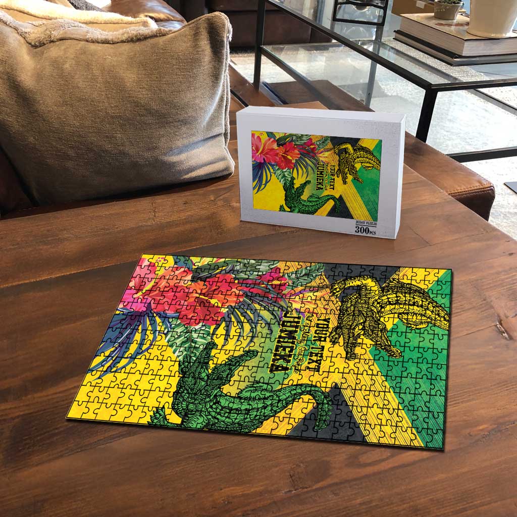 Personalized Black Jamaicans Crocodile Puzzle Tropical Flowers Grunge Flag