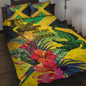 Personalized Black Jamaicans Crocodile Quilt Bed Set Tropical Flowers Grunge Flag - African Pride