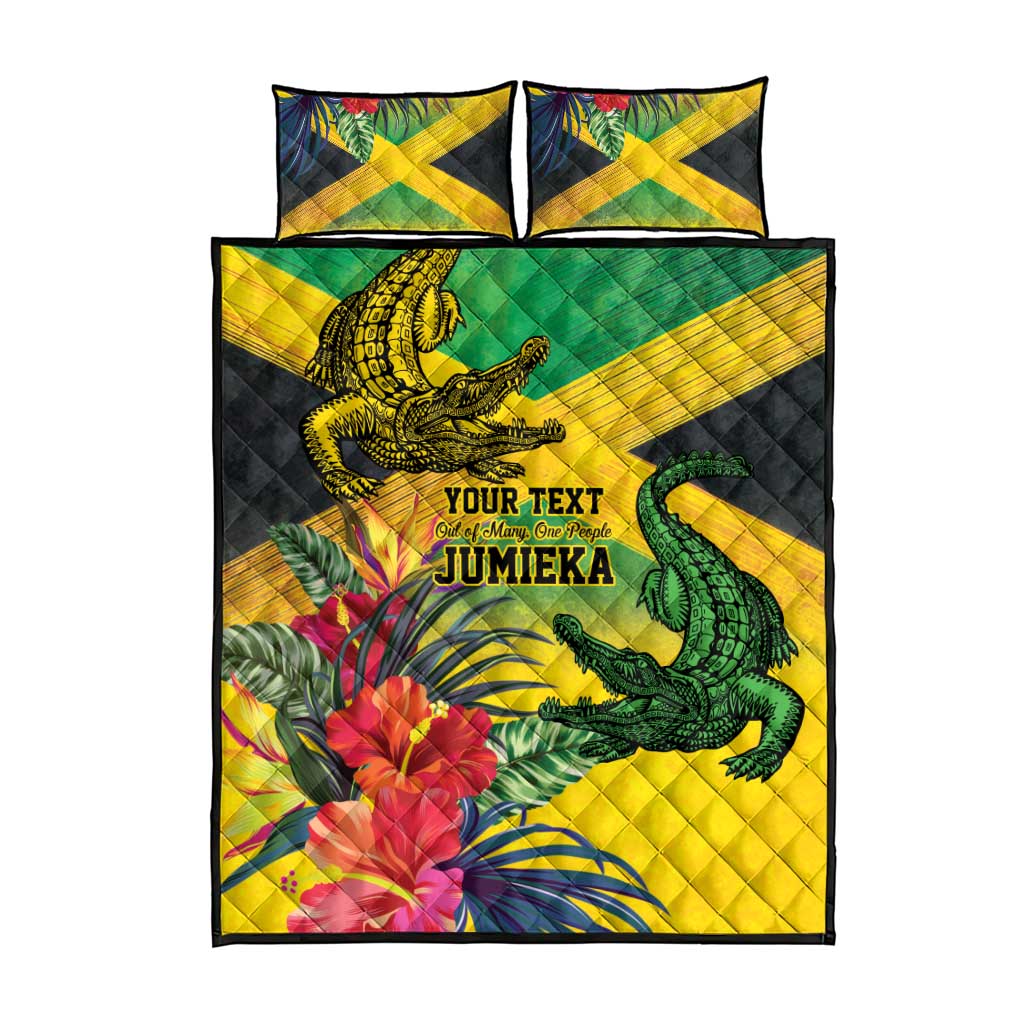 Personalized Black Jamaicans Crocodile Quilt Bed Set Tropical Flowers Grunge Flag - African Pride