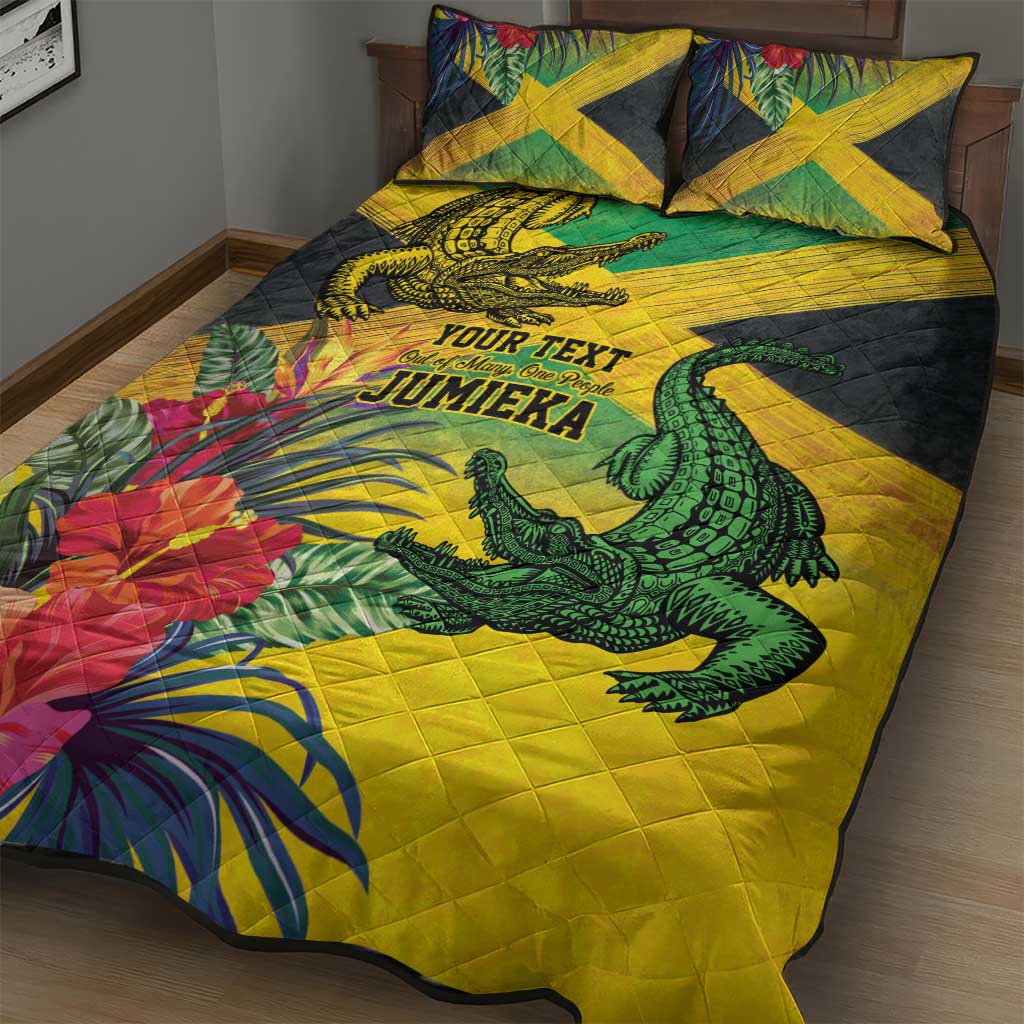 Personalized Black Jamaicans Crocodile Quilt Bed Set Tropical Flowers Grunge Flag - African Pride