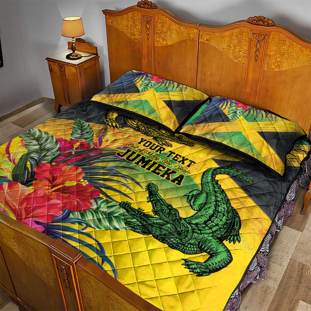 Personalized Black Jamaicans Crocodile Quilt Bed Set Tropical Flowers Grunge Flag - African Pride