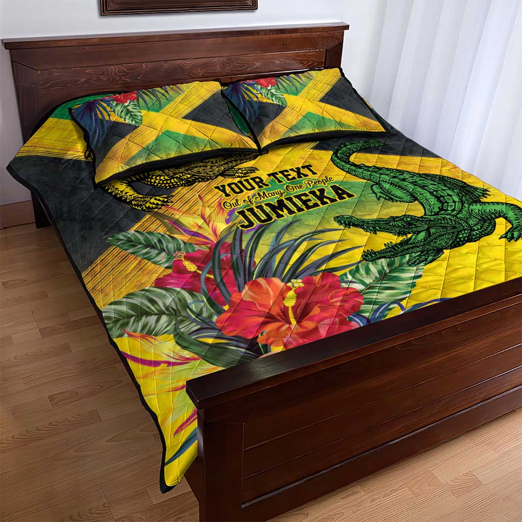 Personalized Black Jamaicans Crocodile Quilt Bed Set Tropical Flowers Grunge Flag - African Pride