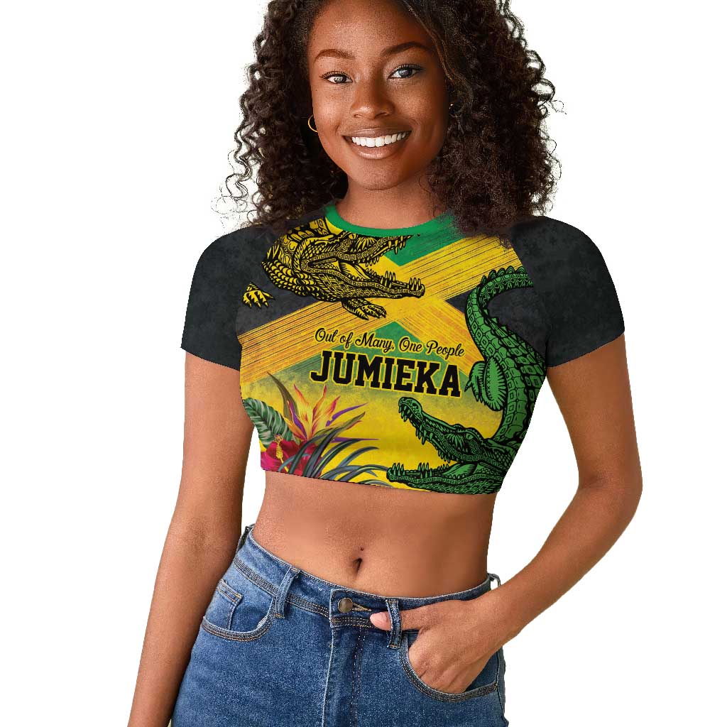 Personalized Black Jamaicans Crocodile Raglan Cropped T shirt Tropical Flowers Grunge Flag - African Pride