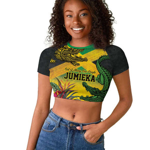 Personalized Black Jamaicans Crocodile Raglan Cropped T shirt Tropical Flowers Grunge Flag - African Pride