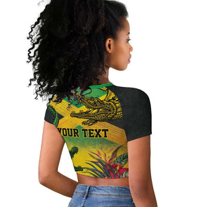 Personalized Black Jamaicans Crocodile Raglan Cropped T shirt Tropical Flowers Grunge Flag - African Pride