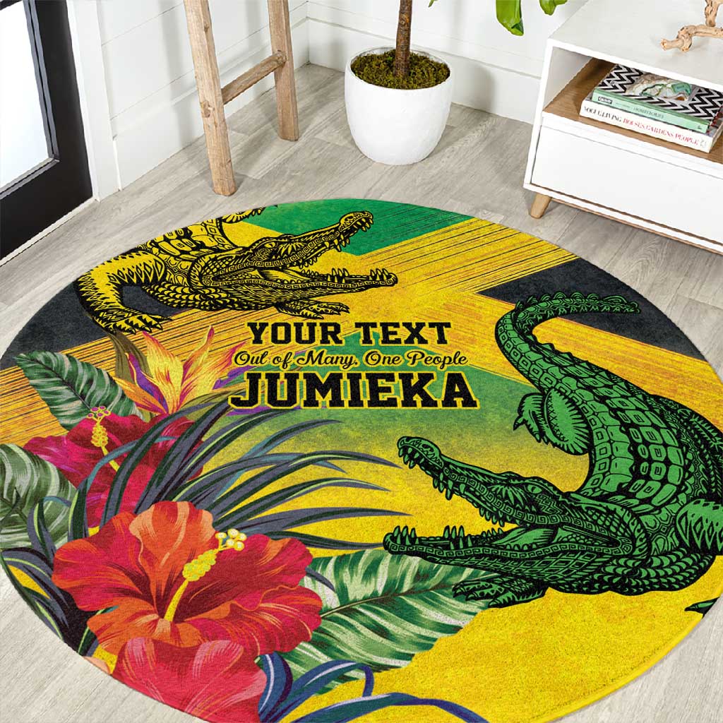 Personalized Black Jamaicans Crocodile Round Carpet Tropical Flowers Grunge Flag - African Pride