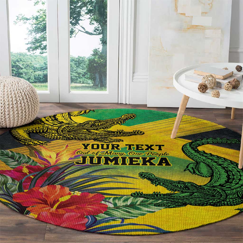 Personalized Black Jamaicans Crocodile Round Carpet Tropical Flowers Grunge Flag - African Pride