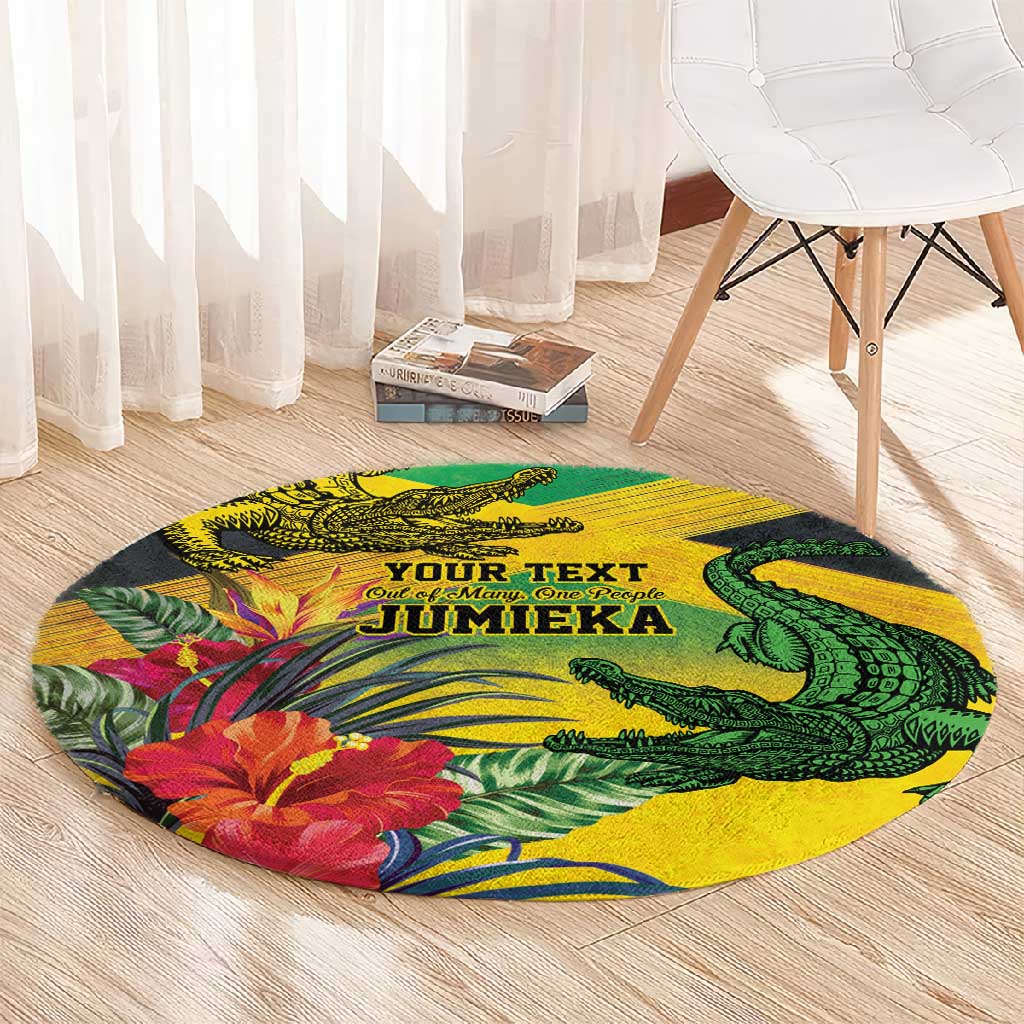 Personalized Black Jamaicans Crocodile Round Carpet Tropical Flowers Grunge Flag - African Pride
