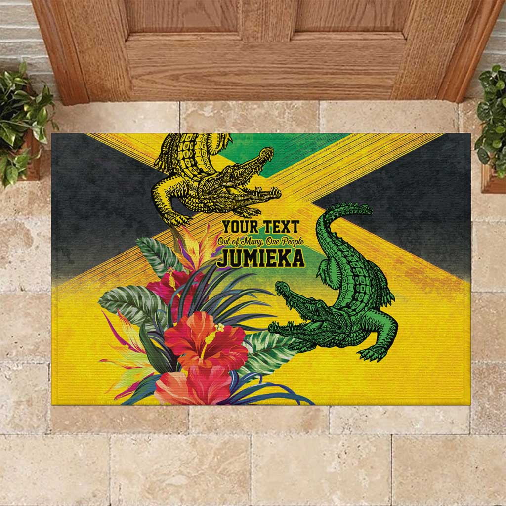 Personalized Black Jamaicans Crocodile Rubber Doormat Tropical Flowers Grunge Flag - African Pride