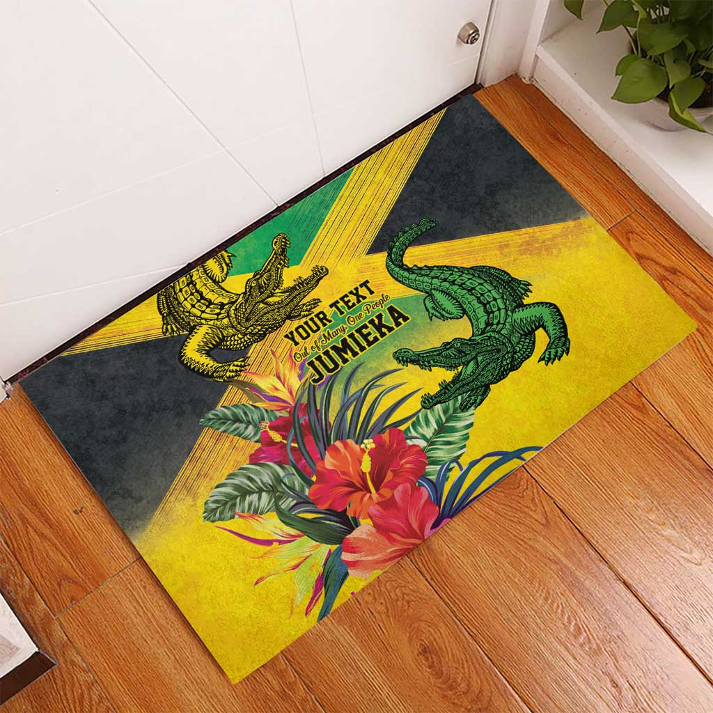 Personalized Black Jamaicans Crocodile Rubber Doormat Tropical Flowers Grunge Flag - African Pride