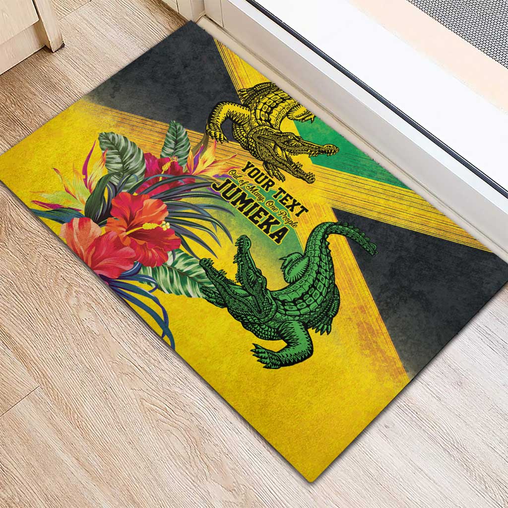 Personalized Black Jamaicans Crocodile Rubber Doormat Tropical Flowers Grunge Flag - African Pride