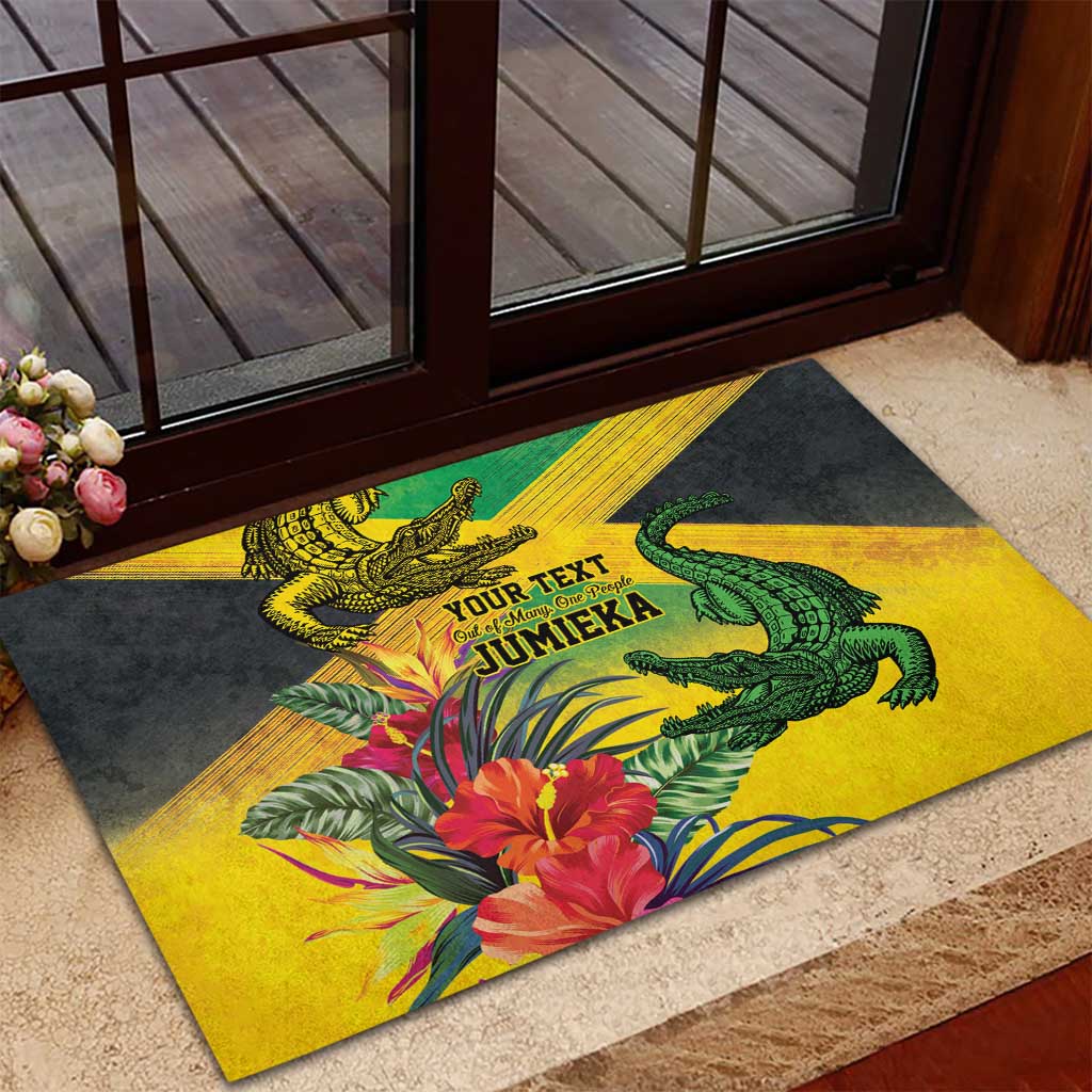 Personalized Black Jamaicans Crocodile Rubber Doormat Tropical Flowers Grunge Flag - African Pride
