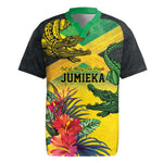 Personalized Black Jamaicans Crocodile Rugby Jersey Tropical Flowers Grunge Flag - African Pride