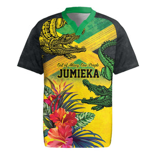 Personalized Black Jamaicans Crocodile Rugby Jersey Tropical Flowers Grunge Flag - African Pride
