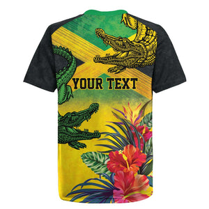 Personalized Black Jamaicans Crocodile Rugby Jersey Tropical Flowers Grunge Flag - African Pride
