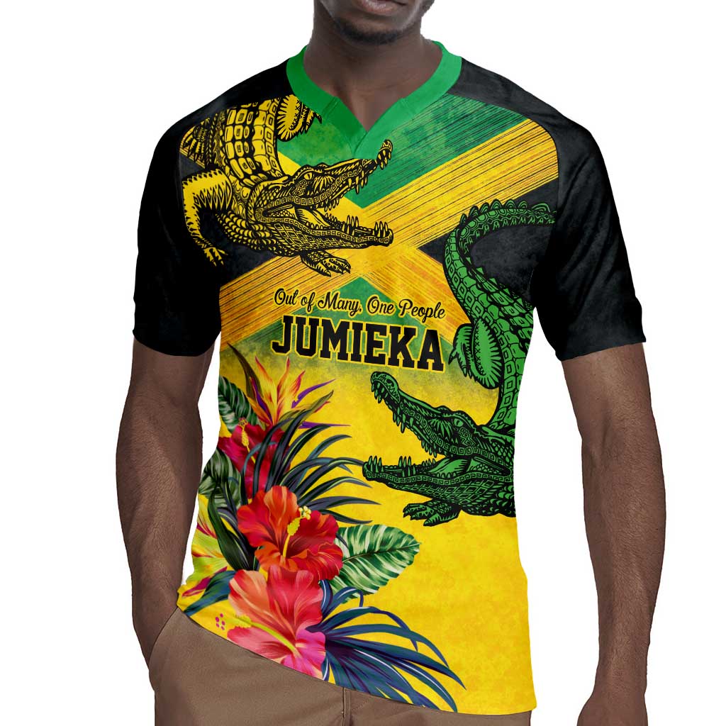 Personalized Black Jamaicans Crocodile Rugby Jersey Tropical Flowers Grunge Flag - African Pride