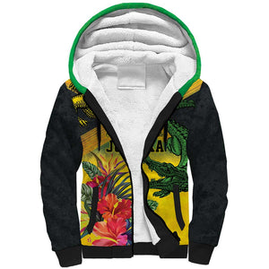 Personalized Black Jamaicans Crocodile Sherpa Hoodie Tropical Flowers Grunge Flag - African Pride