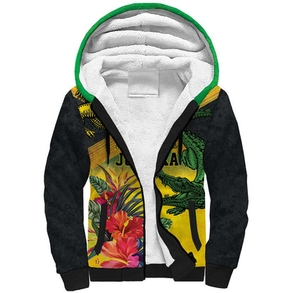 Personalized Black Jamaicans Crocodile Sherpa Hoodie Tropical Flowers Grunge Flag - African Pride