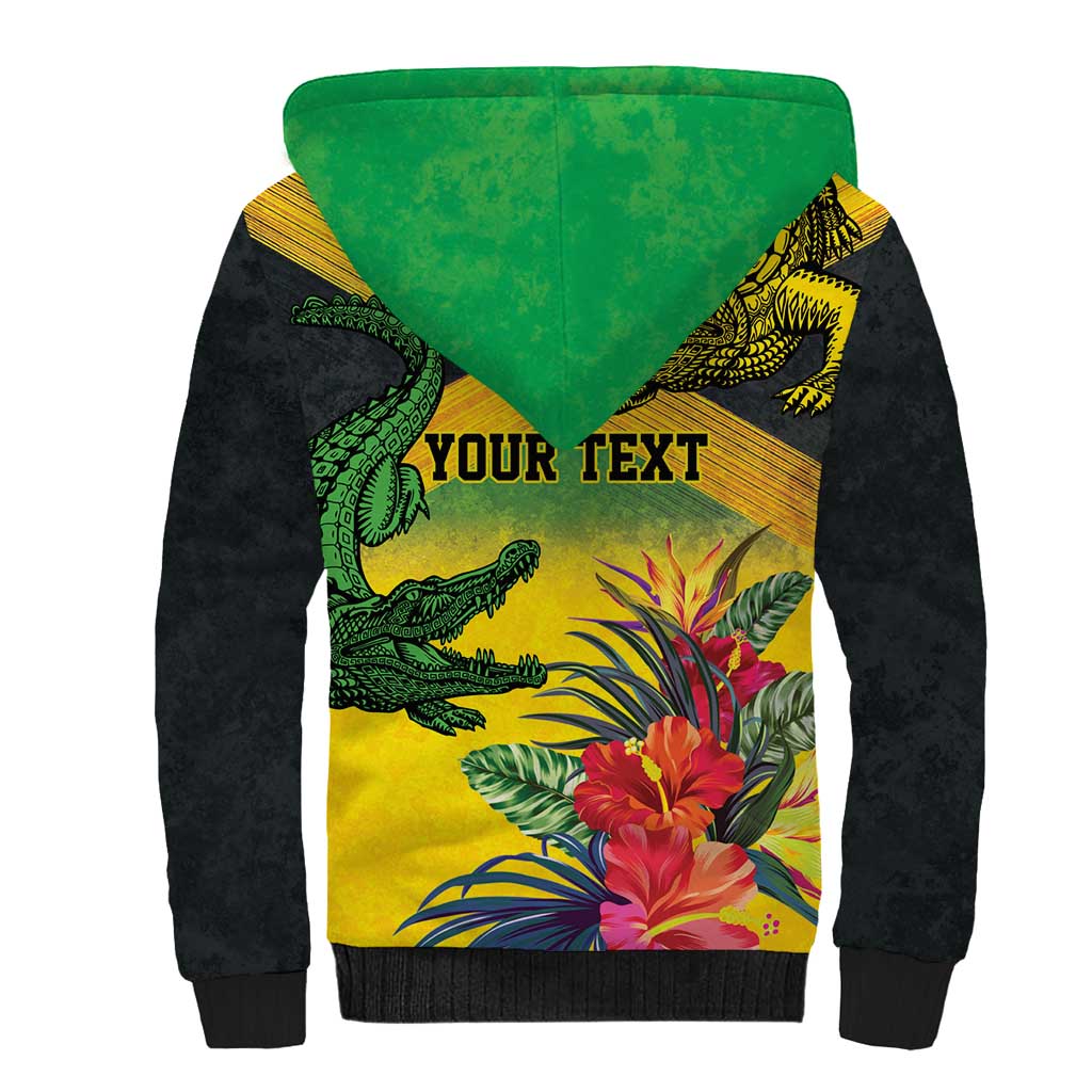 Personalized Black Jamaicans Crocodile Sherpa Hoodie Tropical Flowers Grunge Flag - African Pride