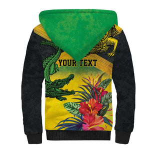 Personalized Black Jamaicans Crocodile Sherpa Hoodie Tropical Flowers Grunge Flag - African Pride