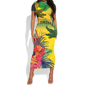 Personalized Black Jamaicans Crocodile Short Sleeve Bodycon Dress Tropical Flowers Grunge Flag - African Pride