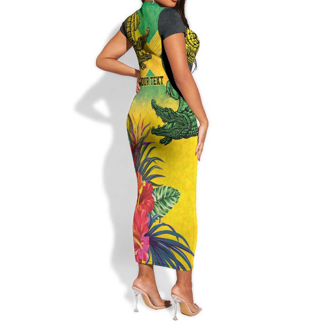 Personalized Black Jamaicans Crocodile Short Sleeve Bodycon Dress Tropical Flowers Grunge Flag - African Pride