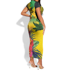 Personalized Black Jamaicans Crocodile Short Sleeve Bodycon Dress Tropical Flowers Grunge Flag - African Pride