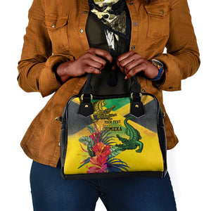 Personalized Black Jamaicans Crocodile Shoulder Handbag Tropical Flowers Grunge Flag - African Pride