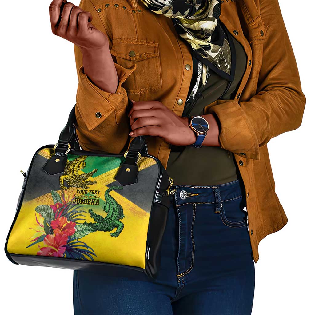 Personalized Black Jamaicans Crocodile Shoulder Handbag Tropical Flowers Grunge Flag - African Pride
