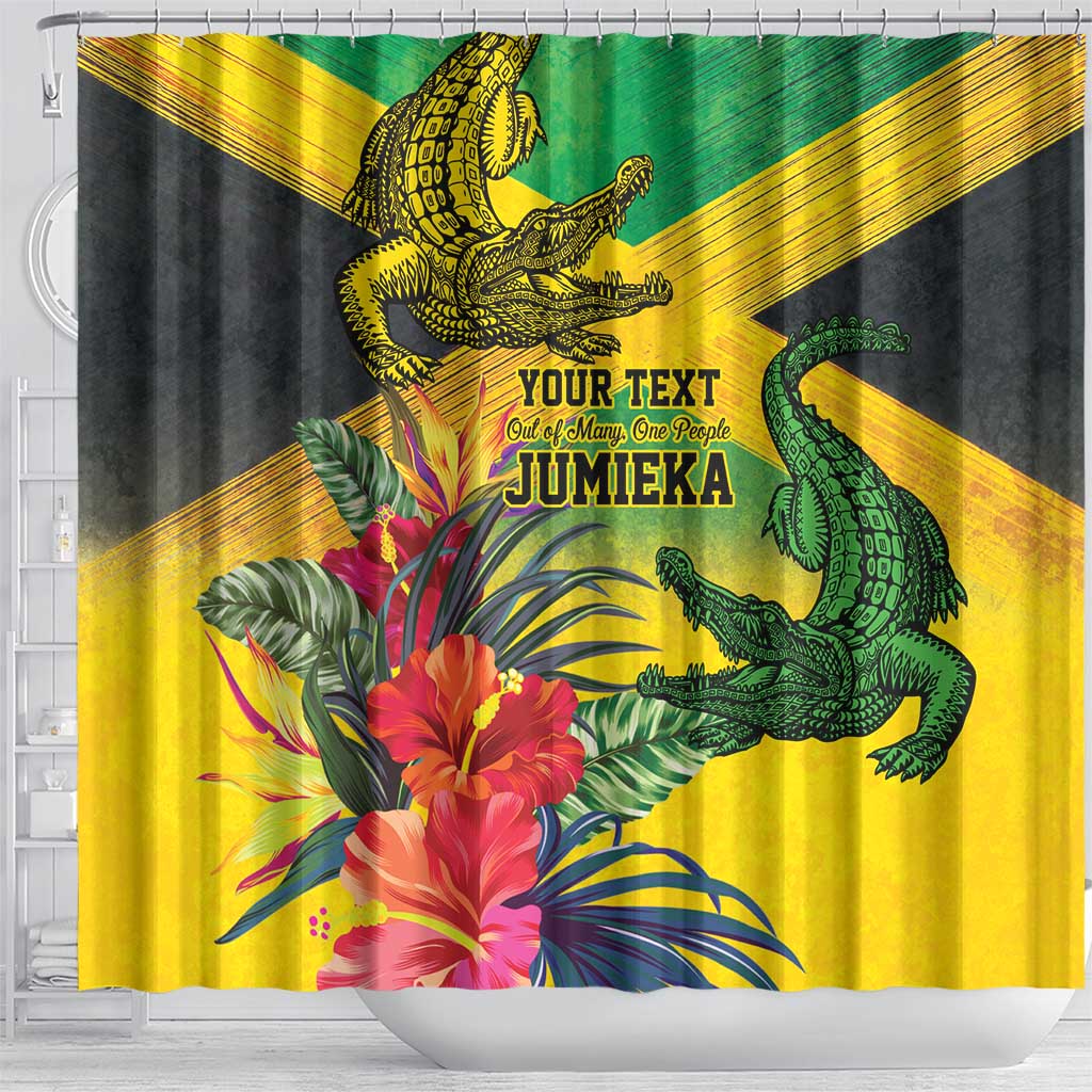 Personalized Black Jamaicans Crocodile Shower Curtain Tropical Flowers Grunge Flag - African Pride