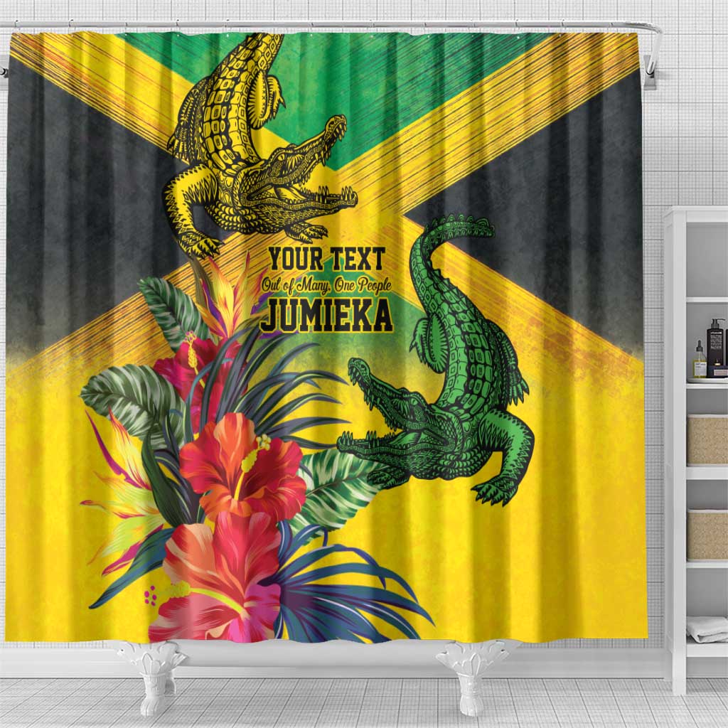 Personalized Black Jamaicans Crocodile Shower Curtain Tropical Flowers Grunge Flag - African Pride