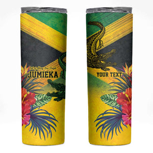 Personalized Black Jamaicans Crocodile Skinny Tumbler Tropical Flowers Grunge Flag - African Pride