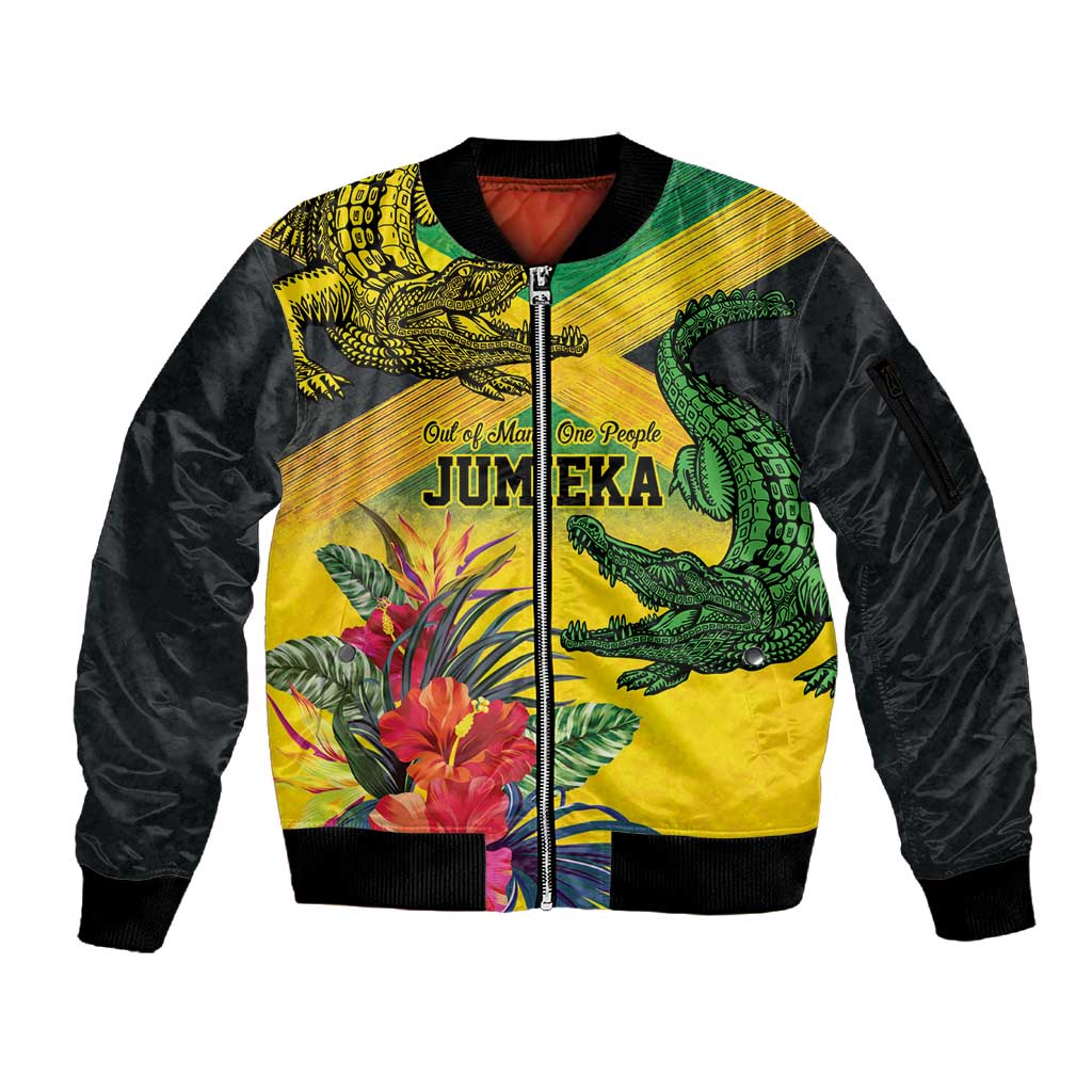 Personalized Black Jamaicans Crocodile Sleeve Zip Bomber Jacket Tropical Flowers Grunge Flag - African Pride