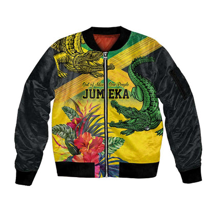 Personalized Black Jamaicans Crocodile Sleeve Zip Bomber Jacket Tropical Flowers Grunge Flag - African Pride