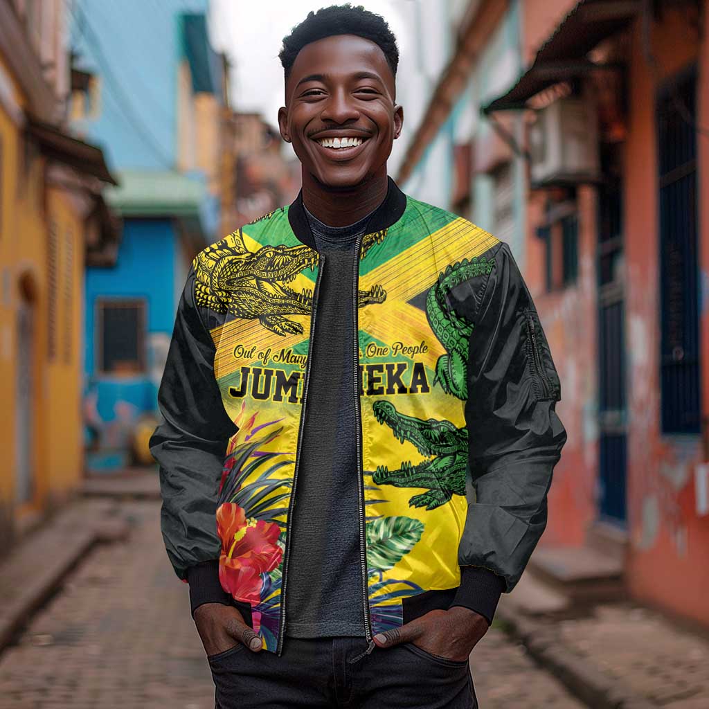 Personalized Black Jamaicans Crocodile Sleeve Zip Bomber Jacket Tropical Flowers Grunge Flag - African Pride