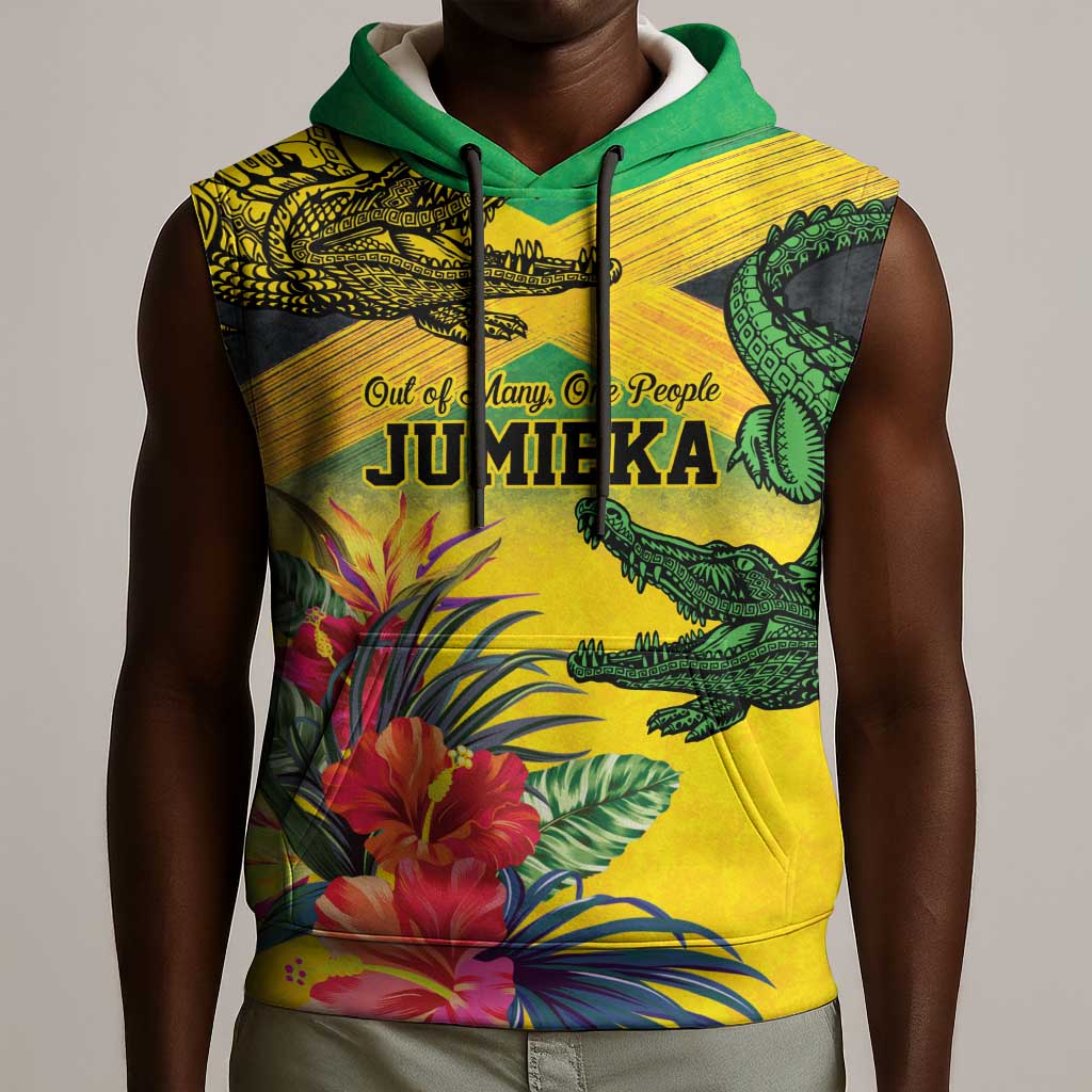 Personalized Black Jamaicans Crocodile Sleeveless Hoodie Tropical Flowers Grunge Flag - African Pride