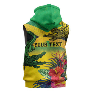 Personalized Black Jamaicans Crocodile Sleeveless Zip Hoodie Tropical Flowers Grunge Flag - African Pride