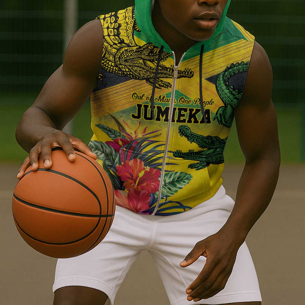 Personalized Black Jamaicans Crocodile Sleeveless Zip Hoodie Tropical Flowers Grunge Flag - African Pride