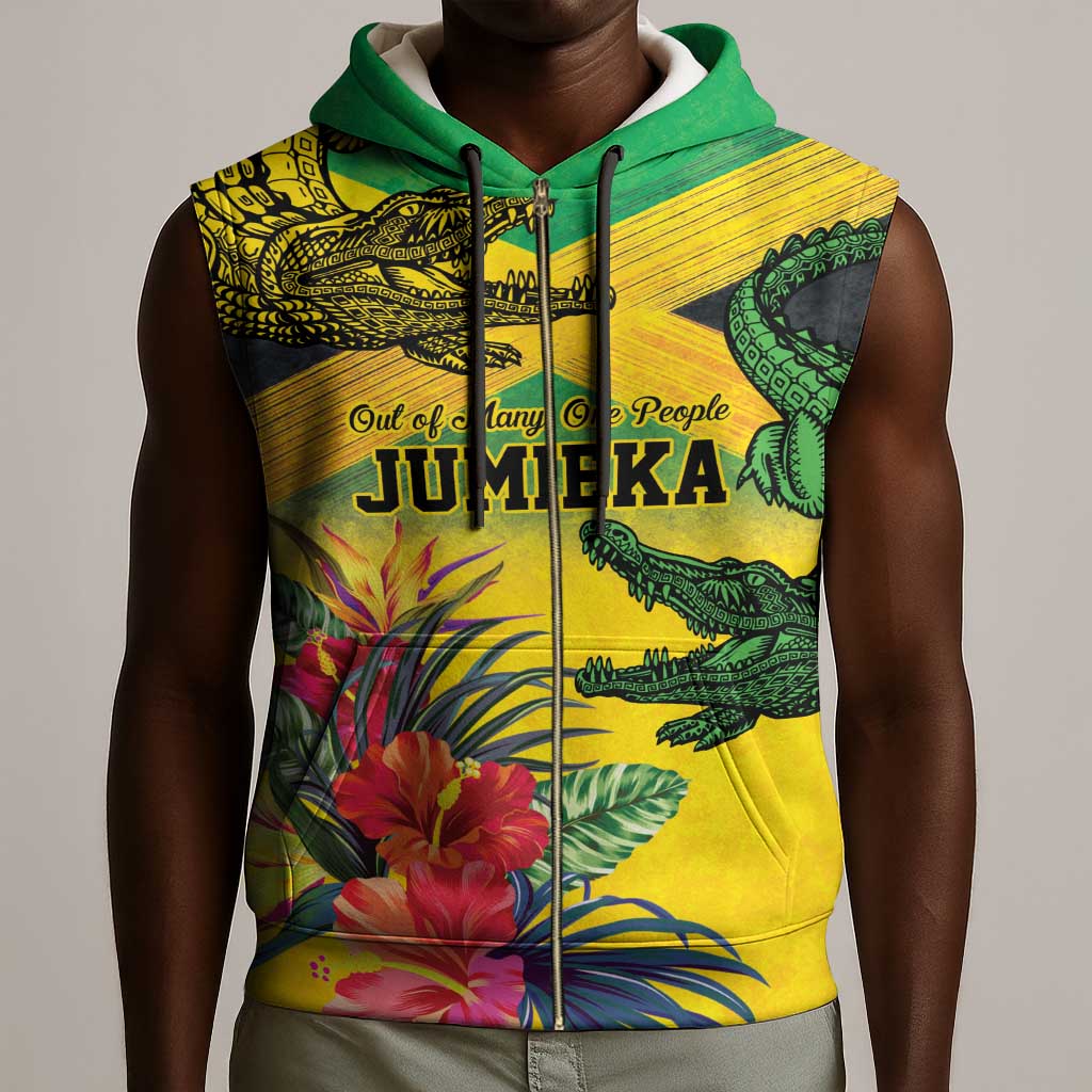 Personalized Black Jamaicans Crocodile Sleeveless Zip Hoodie Tropical Flowers Grunge Flag - African Pride