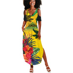 Personalized Black Jamaicans Crocodile Summer Maxi Dress Tropical Flowers Grunge Flag - African Pride
