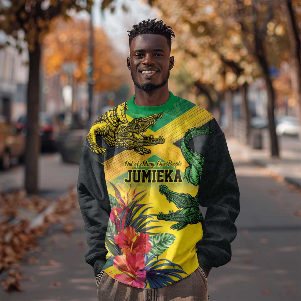 Personalized Black Jamaicans Crocodile Sweatshirt Tropical Flowers Grunge Flag - African Pride