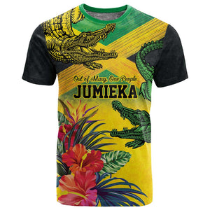 Personalized Black Jamaicans Crocodile T shirt Tropical Flowers Grunge Flag - African Pride