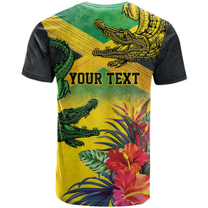 Personalized Black Jamaicans Crocodile T shirt Tropical Flowers Grunge Flag - African Pride